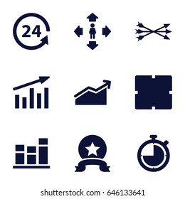 Arrow icons set. set of 9 arrow filled icons such as clock, man move, 24 support, chart, stopwatch, arrow bow