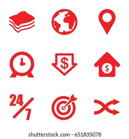 Arrow icons set. set of 9 arrow filled icons such as dollar down, clock, shuffle, house sale, sponge, target, planet, location