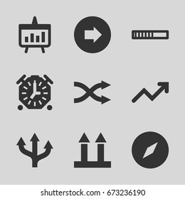 Arrow icons set. set of 9 arrow filled icons such as shuffle, graph, chart, stopwatch, compass