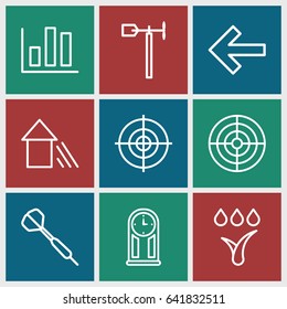 Arrow icons set. set of 9 arrow outline icons such as weather vane, arrow up, watering system, target, pendulum, dart, chart