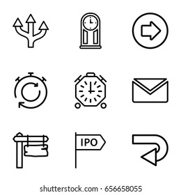 Arrow icons set. set of 9 arrow outline icons such as direction board, direction, pendulum, stopwatch