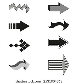 Die Pfeilsymbole sind festgelegt. Abstrakte Richtungsformen. Vektorpfeil-Auflistung. Fette grafische Symbole.