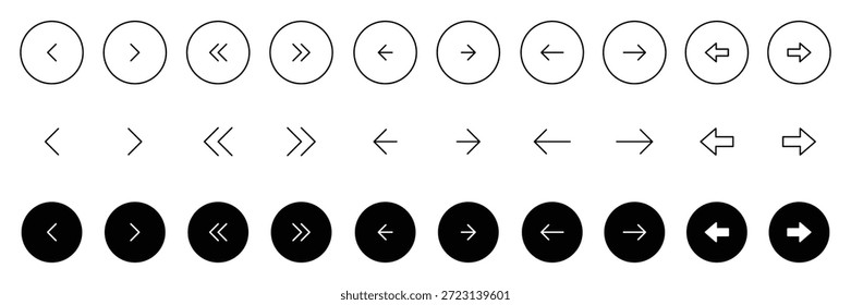 Conjunto de iconos de flecha. Conjunto de iconos de Botones de flecha. Símbolos de navegación del regulador de Sitio web. Botones redondeados siguientes y anteriores para App. Botones de flecha negra aislados y Ilustración vectorial de contorno.