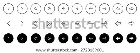 Arrow icons set. Arrow buttons icon set. Website slider navigation symbols. Next and previous rounded buttons for app. Black arrow buttons isolated and outline vector illustration.