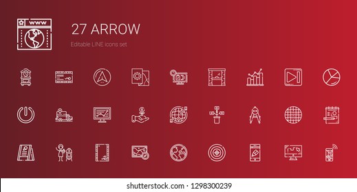 arrow icons set. Collection of arrow with app, target, globe, map, envelope, vertical, menu, compass, growth, internet, investment, line chart. Editable and scalable arrow icons.