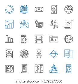 arrow icons set. Collection of arrow with app, compass, map, phone box, cupid, growth, internet, archive, globe, fonts, access, data transfer. Editable and scalable arrow icons.