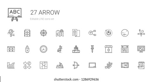 arrow icons set. Collection of arrow with escalator, blackboard, archery, position, map, currency, line chart, entrances, pin, compass, wooden. Editable and scalable arrow icons.
