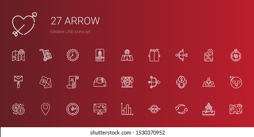 arrow icons set. Collection of arrow with exchange, compass, bar chart, draw, clock, pin, cupid, hours, inbox, degree, map, mail, elevator. Editable and scalable arrow icons.