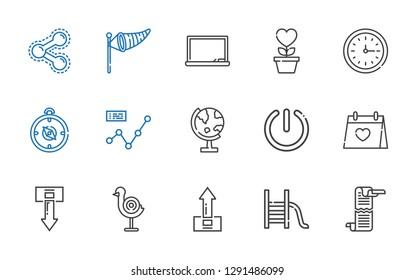 arrow icons set. Collection of arrow with scroll, slide, upload, dart board, download, wedding day, power, globe, line chart, compass, wall clock. Editable and scalable arrow icons.