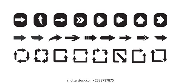 Arrow icons set. Arrow collection. Simple arrow big set.  Arrow. Cursor. Modern simple arrows. 
Squares of arrows. Reload symbol. Corporate identity. Vector illustration.

