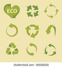 arrow icons set collections. recycling green ecological symbols isolated on beige background. vector illustration 