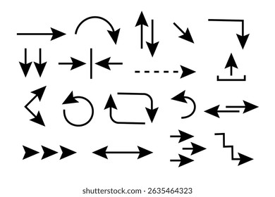 Arrow icons set. Cursor. Collection of different arrow signs, process repeat symbol. Black arrow icons for business plan and education. Different cursor arrow direction symbols in flat style.