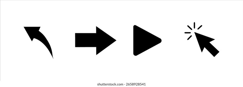 Pfeilsymbole mit gekrümmten Rücken, rechte Richtung, spielen Dreieck und klicken Sie auf den Cursor. Schwarze Navigations- und UI-Symbole für Web, App und Grafikdesign.