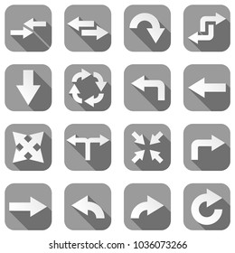 Arrow icons. Set of gray square icons with white signs. Vector illustration isolated on white background