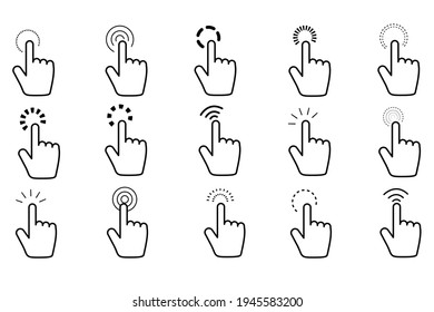 Conjunto de iconos de flecha. Mano con el dedo índice, cursor, puntero, botón de clic. Haga clic en el ratón. Señales de sitios web y aplicaciones. Ilustración vectorial.	