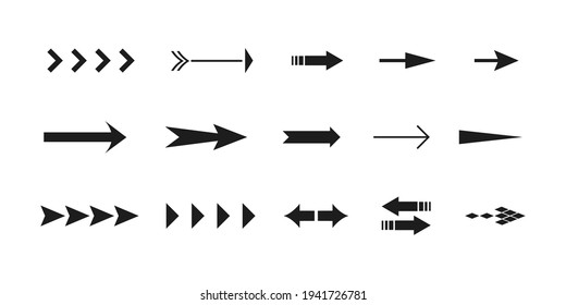 arrow icons, a set of interesting standard arrows, direction of the path. Vector illustration.