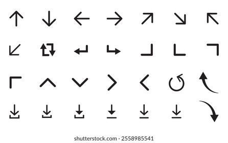 arrow icons set. Line arrows. Vector arrows of various shapes and directions. Arrow for interface website and app.