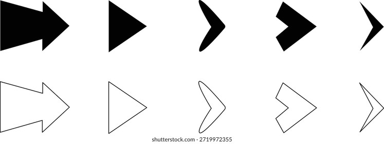 Arrow icons set, right direction, black and white, various shapes, navigation symbols