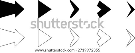 Arrow icons set, right direction, black and white, various shapes, navigation symbols