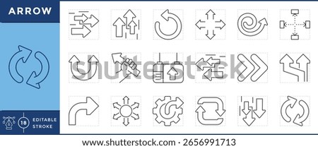 Arrow icons set. Right arrow, left, up, down, curved, rotation, circle, and many more. Vector editable stroke.