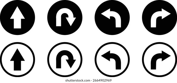 Arrow icons set showing direction signs for straight, turn, and u-turn symbols used in maps, navigation, road graphics, and UI layouts.