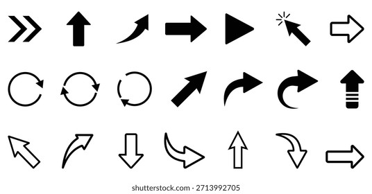 Pfeilsymbole mit mehreren schwarzen Richtungspfeilen, einschließlich der Symbole nach oben, unten, links, rechts, gekrümmt, kreisförmig, Auffrischung, Vorwärts, Rückwärts, Spiel, Zeiger und Navigationspfeile, einzeln auf weiß.