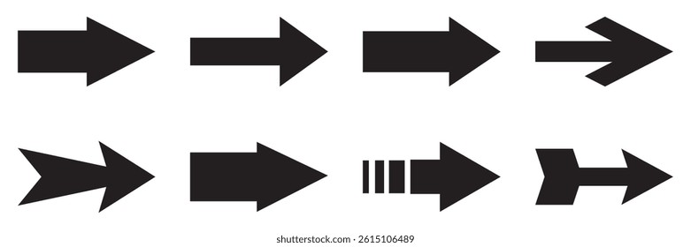  Arrow icons set. Simple arrow big set. Arrow collection. Black arrow forward. Straight pointed arrows icon. Black arrows pointing to the right. Black direction pointer. Vector illustration.