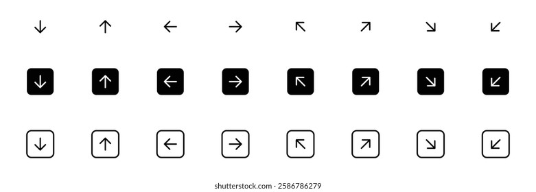 Arrow Icons Set. up, down, left, right, square shape arrow icon collection. Flat, and Line Icons Perfect for Website, App, and digital project. Fully scalable and customizable for print and digital.