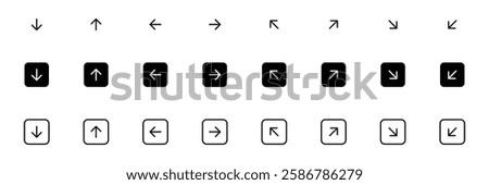 Arrow Icons Set. up, down, left, right, square shape arrow icon collection. Flat, and Line Icons Perfect for Website, App, and digital project. Fully scalable and customizable for print and digital.