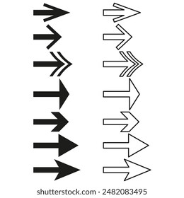 Arrow icons set. Various directions. Black and white vector. Different styles collection.