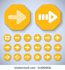 Arrow icons set - vector illustration. Hexagon shape internet button isolated on gray background, graphic design. Modern color style