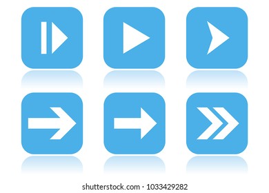 Arrow icons. Square blue icons with reflection. Vector illustration on white background