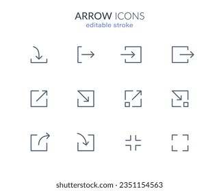 arrow icons with square. download, import, export, shrink, expand line arrows. editable stroke vector illustration