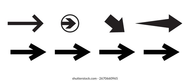 Diseño de símbolos de iconos de flecha. Flecha plana colección de Vector. Conjunto de iconos negros grandes de flechas.  Moderno Cursor de flechas paquete simple. Ilustración vectorial con fondo blanco.
