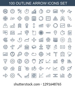 arrow icons. Trendy 100 arrow icons. Contain icons such as stopwatch, chart, graph, at email, dart, arrow right, forward, heart with recycle. icon for web and mobile.