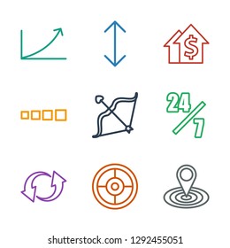 arrow icons. Trendy 9 arrow icons. Contain icons such as map location, target, update, hours support, bow, loading, dolar growth, graph. arrow icon for web and mobile.