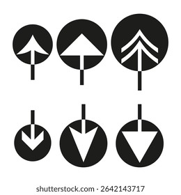 Up arrow icons. Upload direction set. Simple vector pointers. Black circular contrast.
