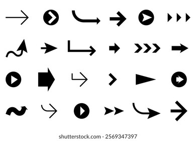 Arrow icons variety. Diverse navigation set. Flat black symbols. Vector graphic collection.