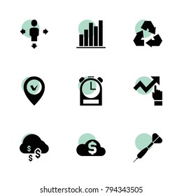 Arrow icons. vector collection filled arrow icons set.. includes symbols such as dollar cloud, recycle, clock, chart graph, money cloud. use for web, mobile and ui design.