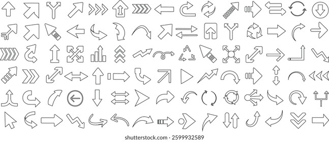 Arrow icons vector set, black outline, various directions, curved, straight, dashed, bold, thin, looped arrows, navigation, pointer, infographic, minimal editable isolated arrow set