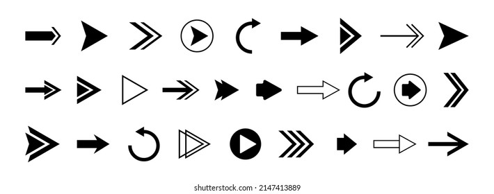 Arrow icons. Vector set of right direction black pointers, cursors, arrows, play buttons for app