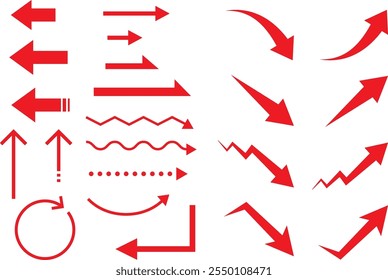 Arrow illustration set of various shapes, red