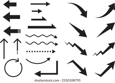 Arrow illustration set of various shapes, monochrome