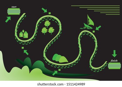 arrow image showing the target stop or rest area for an offroad or expedition or marathon running track on black background