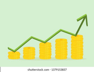 Arrow increasing columns of gold coins isolated on background with graph