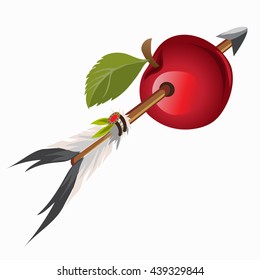 Arrow Indian got into a red apple isolated on white background. Cartoon vector illustration close-up.