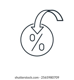 Arrow indicates percentage. Get discount. Vector linear icon isolated on white background.