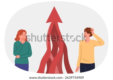 Arrow indicating development and success among people, curiously exploring way to get rich or open own business. Metaphor of new opportunity to achieve commercial success and wealth