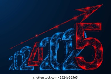 Una flecha que indica el crecimiento de 2024 a 2025. Diseño poligonal de líneas y puntos. Fondo azul.