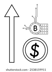 Arrow indicating growth, Bitcoin symbol with circuit connections, and dollar symbol. Ideal for finance, cryptocurrency, technology, investment, and economic growth themes. Minimalistic design style